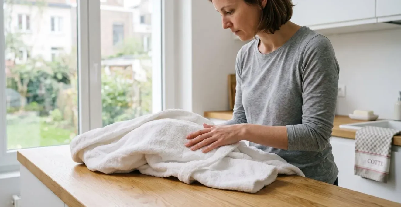 Une main féminine touche délicatement un tissu de peignoir blanc posé sur une surface en bois clair dans un intérieur moderne lumineux