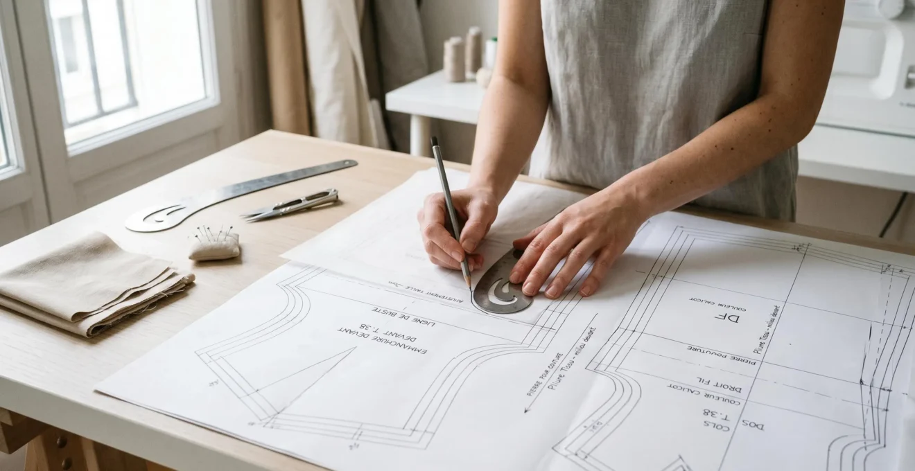 Mains de couturière ajustant un patron de couture avec règle japonaise et crayon sur table de travail blanche, papier calque et tissu calicot visible