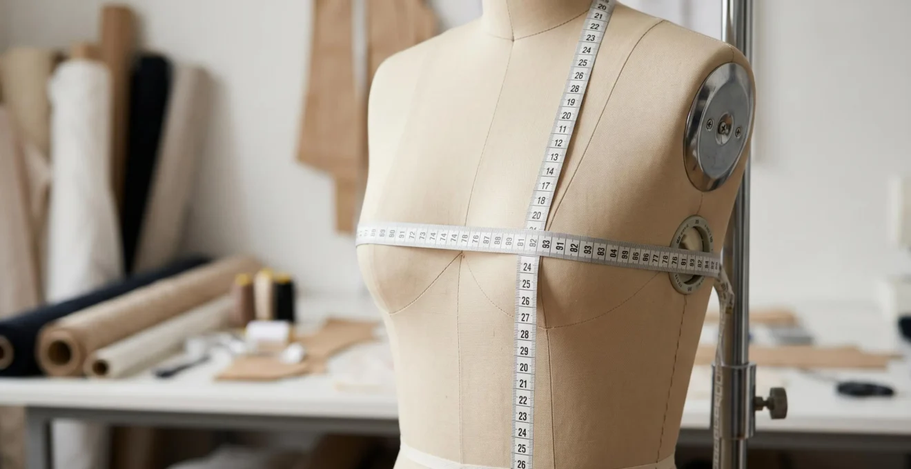 Mannequin de couture avec mètre-ruban positionné pour mesurer tour et hauteur de poitrine, illustrant la prise de mesures pour ajustement