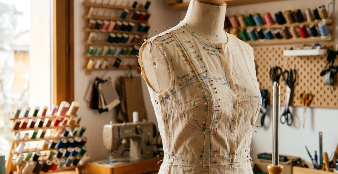 Toile d'essai en tissu calicot beige épinglée sur mannequin de couture avec épingles colorées et marques de correction au crayon